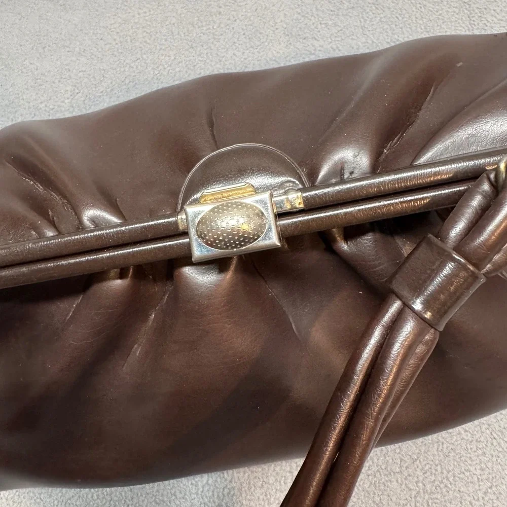 Vintage Mid Century Kiss Lock Satchel Handbag Brown Faux Leather Retro Large